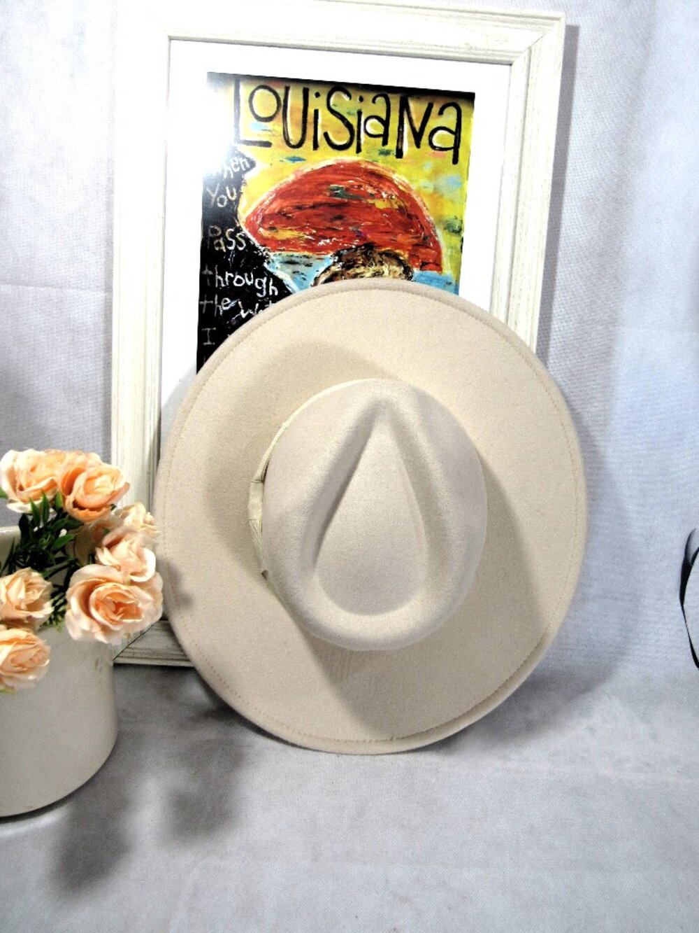 ANGELA & WILLIAM WIDE BRIM FEDORA HAT 7.5 or ADJ TO SMALLER IVORY WOOL/FELT